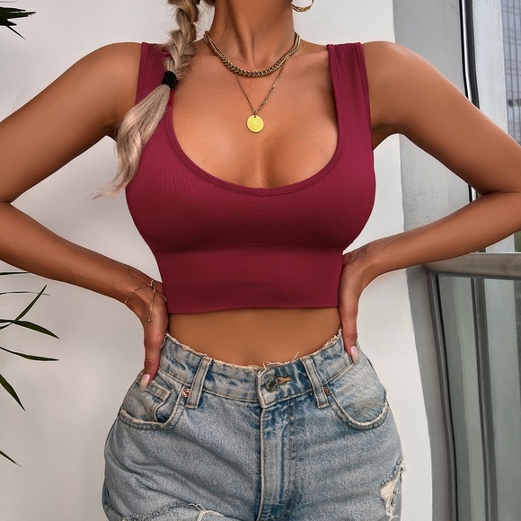 Red Ribbed Crop Top - built in bra - Picture 4 of 4
